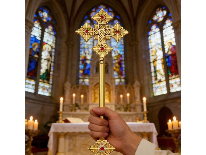 Croix processionale orthodoxe ornée et plaquée or avec accents de cristaux rouges et motifs en filigrane pour la liturgie et les cérémonies religieuses
