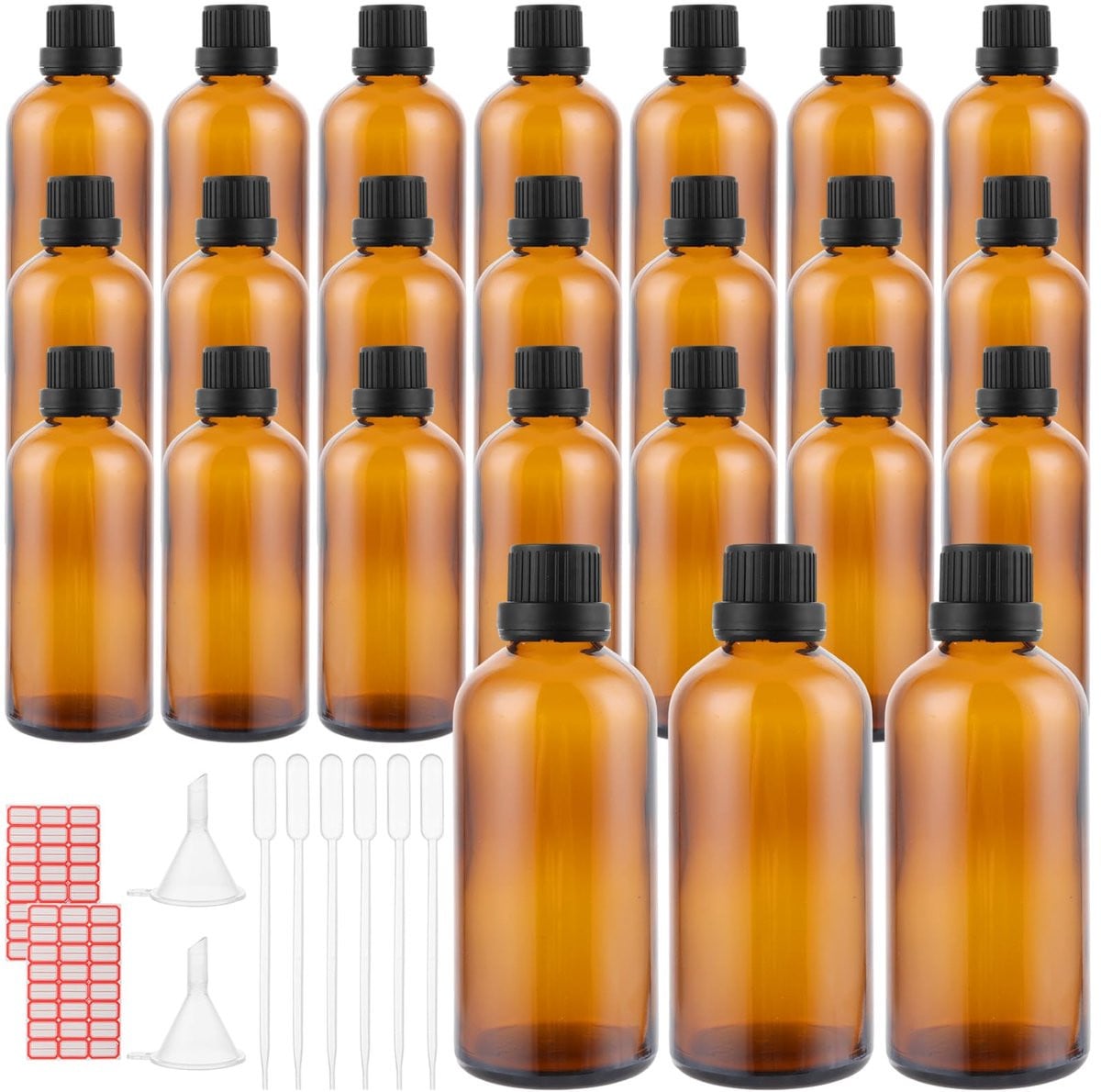 Set van 24 bruine glazen druppelflessen van 100 ml inclusief trechter en labels