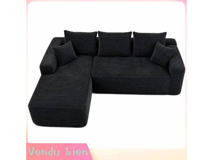Canapé Sectionnel Modulable avec Méridienne Sans Montage avec 2 Coussins pour Salon Noir