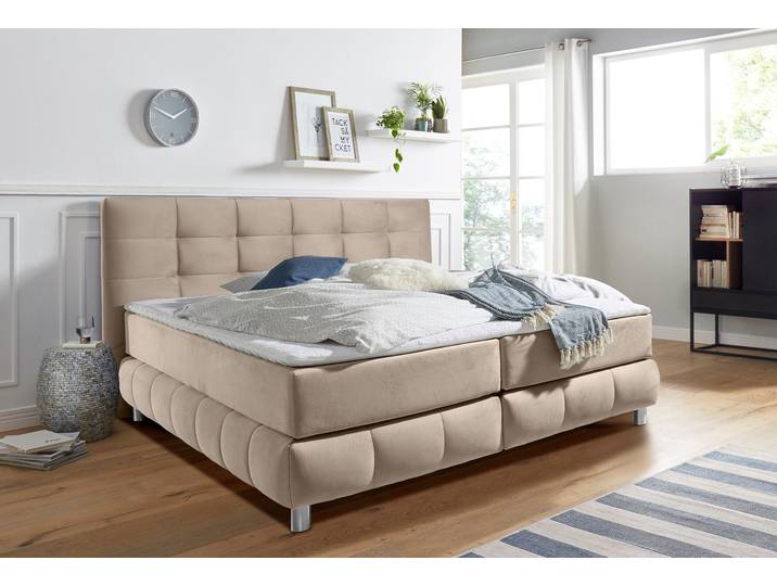 Boxspringbett, Samtoptik, Beige, 174×231 cm, 7-Zonen-Kaltschaummatratze, Skandinavisch, andas