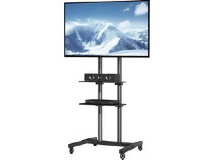 SucceBuy Mobiele tv-standaard In hoogte verstelbare tv-standaard met wielen Dubbele lade voor audiovisuele apparaten Rollende tv-standaard voor slaapkamer