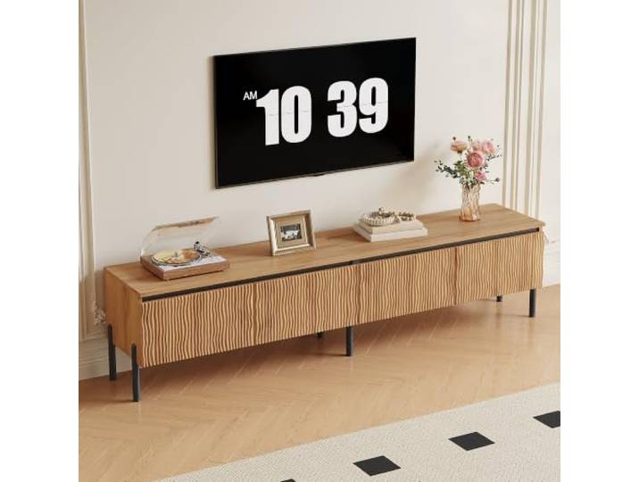 Merax TV Lowboard 180x35x43 cm mit wellenförmigen Türen, Kabelaussparungen & Metallfüßen – modernes Sideboard, Holzfarbe