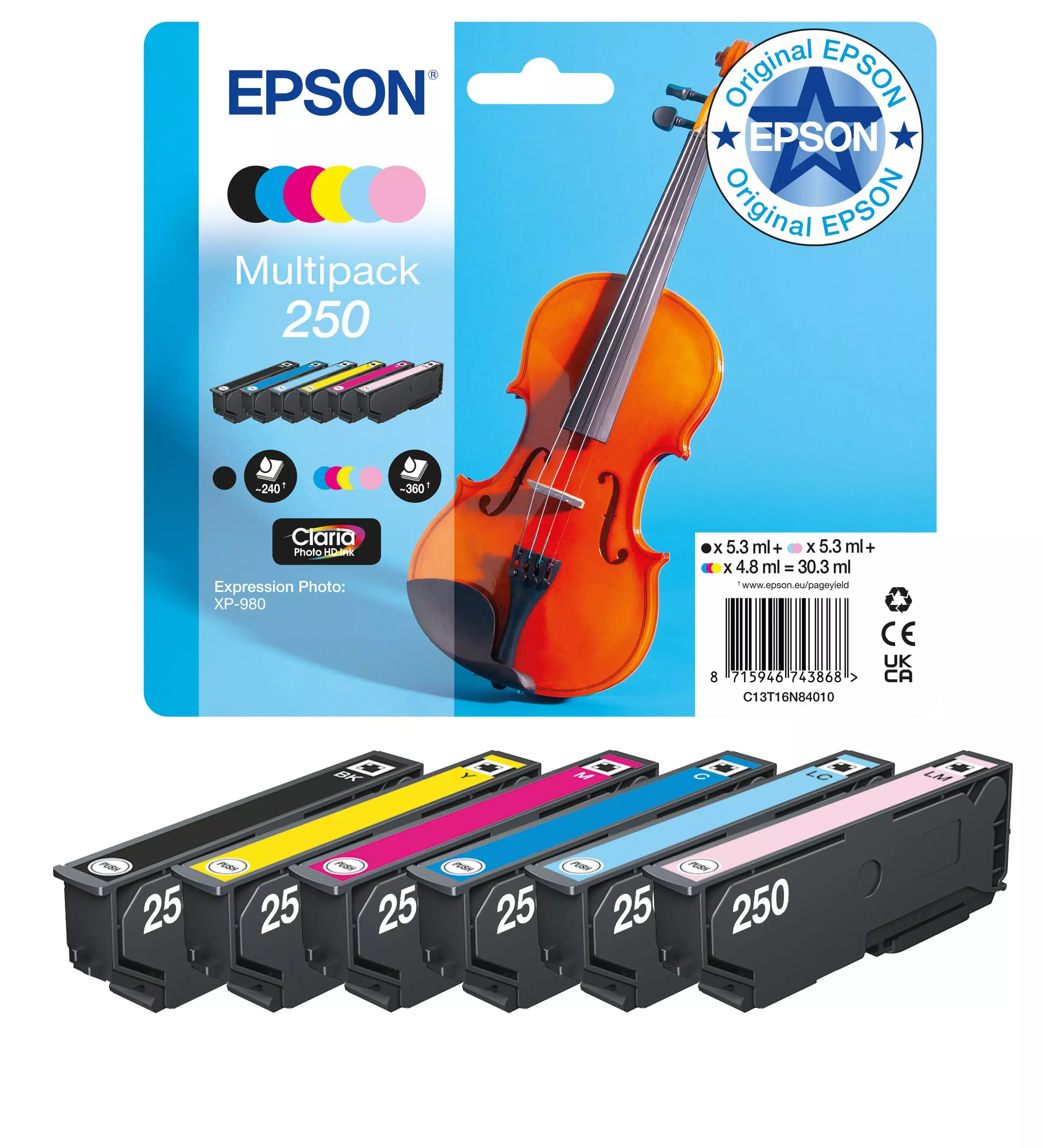 EPSON C13T16N84010 Multipack 6 Farben 250 Violin Claria Photo HD Tinte (BK, C, M, Y, HM, HC)