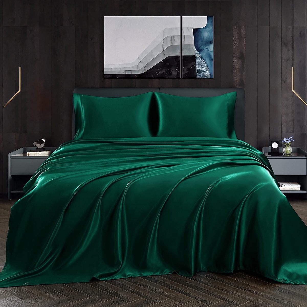 SnelShoppen Luxe 4-delige satijnen lakenset Queensize - Zwartgroen