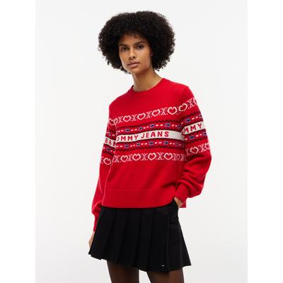 Wollpullover TOMMY JEANS "TJW SWEATER", Damen, Gr. M (40), rot (lavish rot), Strick, Obermaterial: 100% Wolle, gemustert, normal, Rundhals, Bündchen, Pullover, Wolle