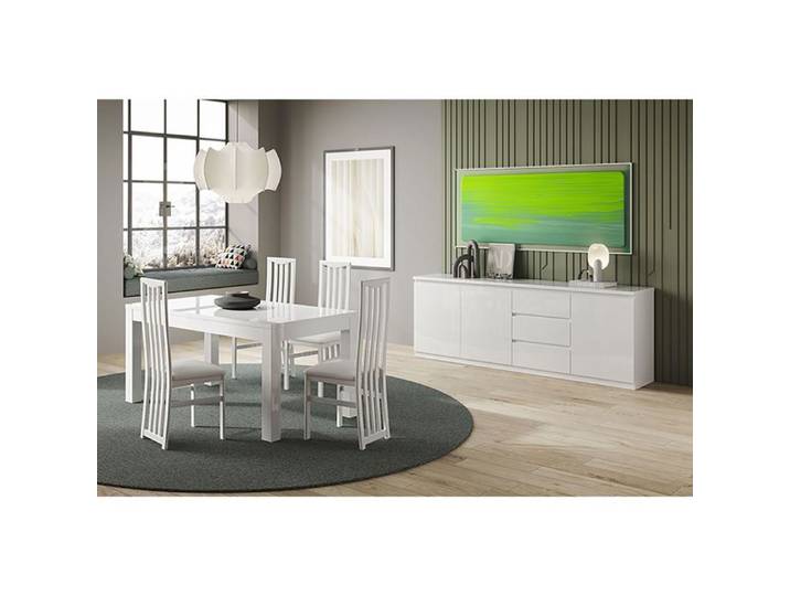 DEYTON - Ensemble Séjour Laqué Blanc Table 138cm + Buffet 3 Portes