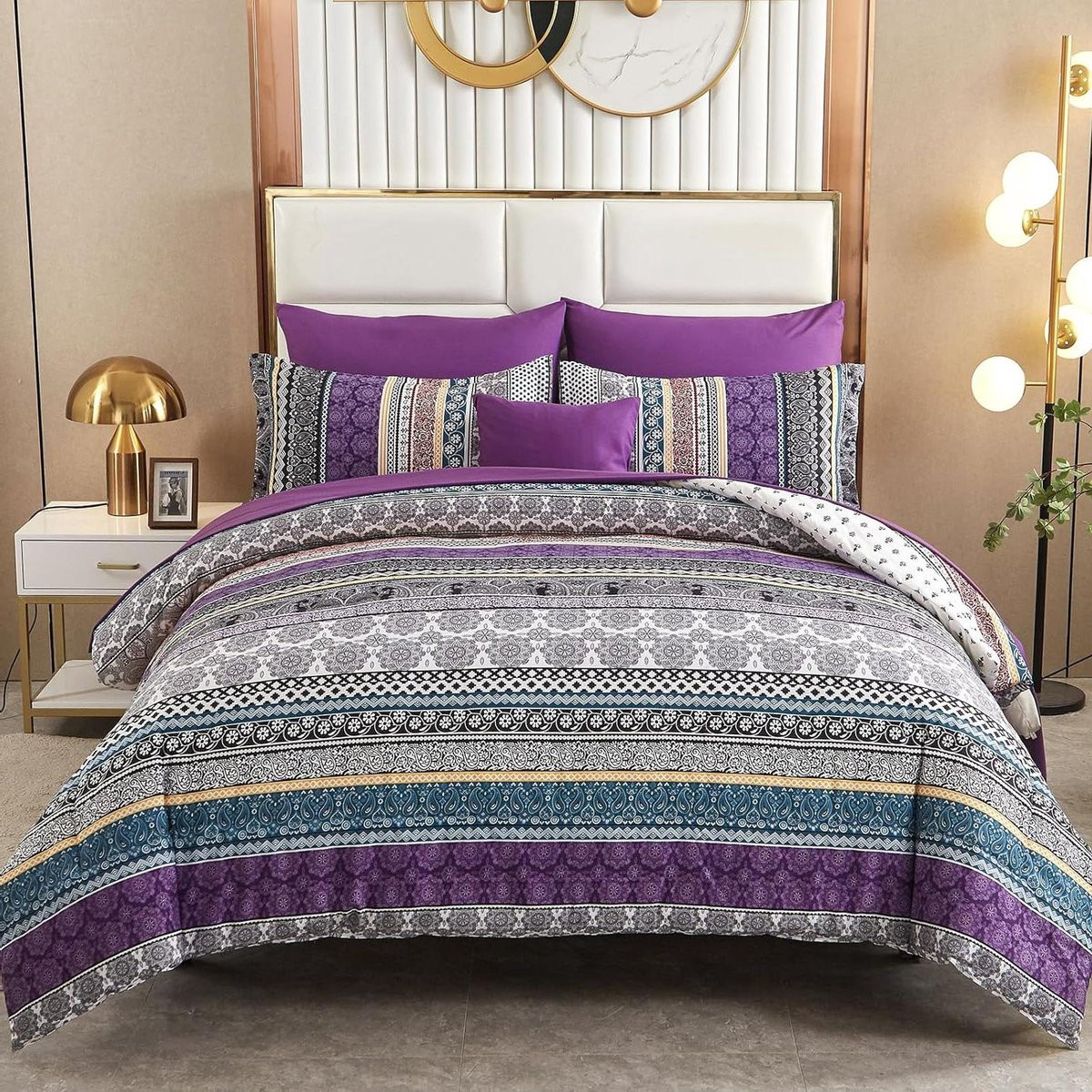 Dekbedovertrek Set met Paars Bloemenpatroon, Queen Size, 8-delig, Paars