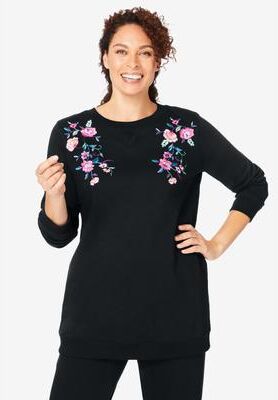 Plus Size Women's Crewneck Fleece Sweatshirt by Woman Within in Black Floral Vine Embroidery (Size 4X)
