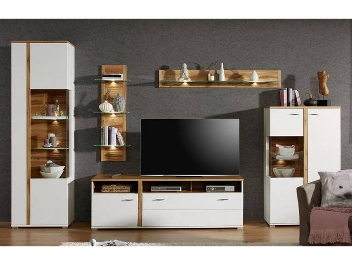 Beleuchtete Wohnwand 5-teilig MDF Mitteldichte Holzfaserplatte , foliert Weiß