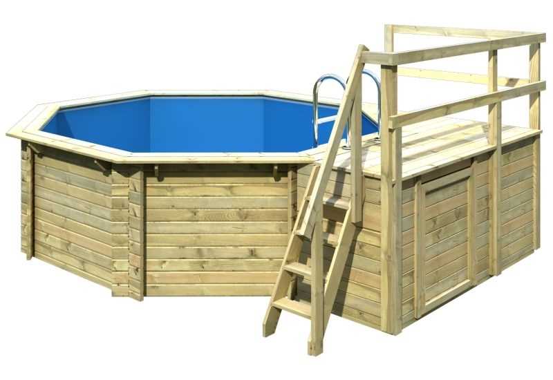 Aufstellpool Holzpool-Set Karibu Classic 1C rund Ø 400x124 cm inkl. Leiter, Bodenschutzvlies, Sonnendeck & 1 Flügel Holz