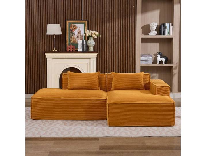 WOVREO canapé d'angle fixe 2 places 235 cm avec 2 coussins ressorts ensachés tissu polyester jaune moutarde