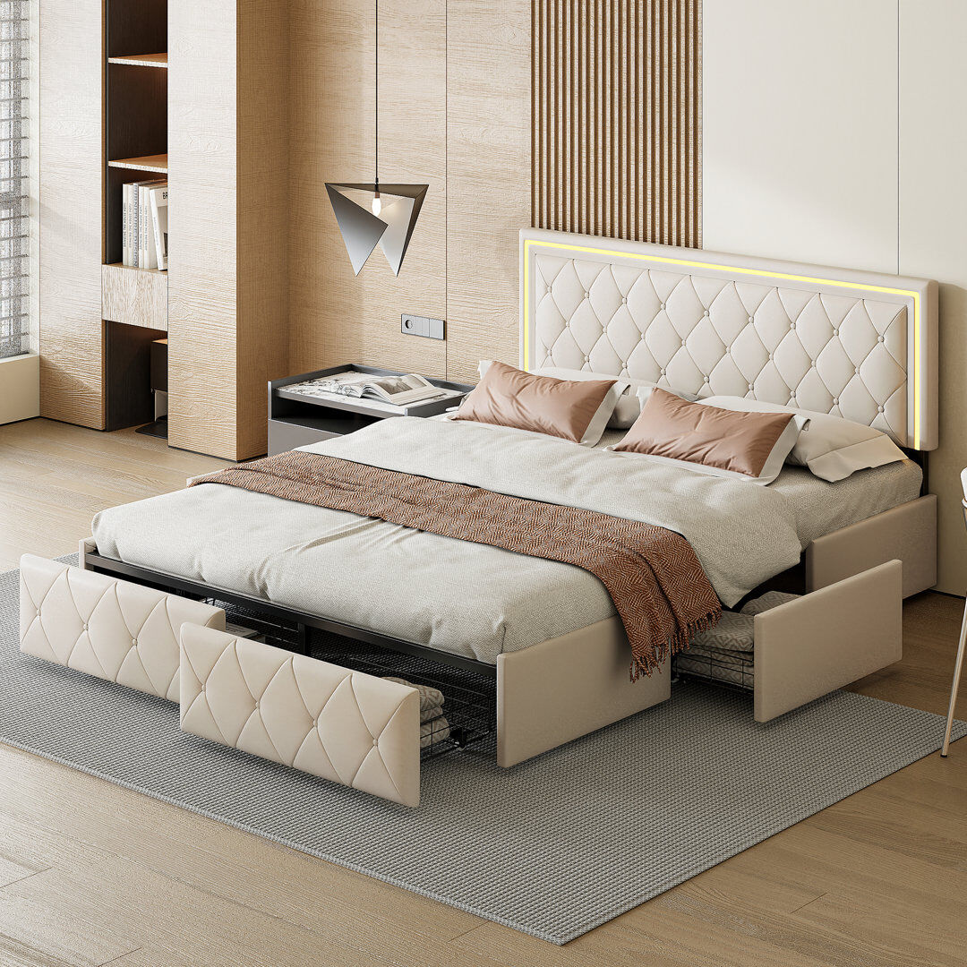 Latitude Run Dawsyn PU Upholstered Bed With LED Lighting And 4 Storage Drawers Beige European Double (145cm x 208cm)