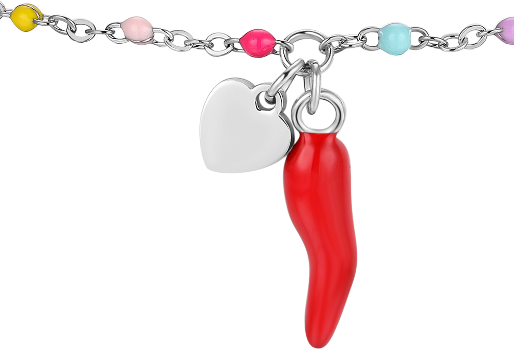 Luca Barra BRACCIALE BAMBINA IN ACCIAIO CON CORNO ROSSO, CUORE ED ELEMENTI MULTICOLOR