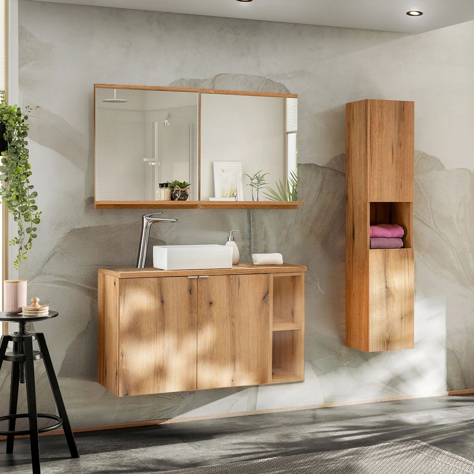 garneroarredamenti Mobile bagno sospeso 100cm con colonna rovere Rovery