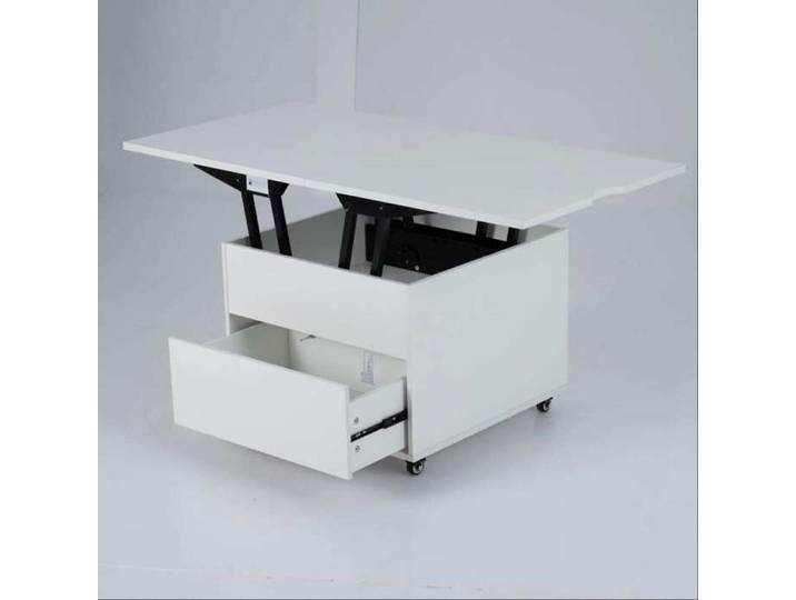 Facile à Déplacer avec Roulettes Table Basse Relevable Hydraulique Plateau Extensible et Rangement Caché Blanc