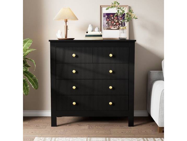 Buffet 79x80.05x39.5 cm - 4 tiroirs - Poignées dorées - Noir