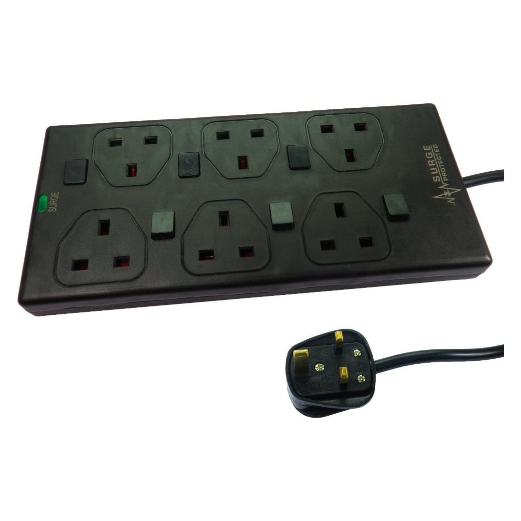 Spire Mains Power Multi Socket Extension Lead, 6-Way, 3M Cable, Surge Protected, Status LED, Individually (6x, CEE 7/3, 3 m) (RB-03-6GANGSWDBLK)