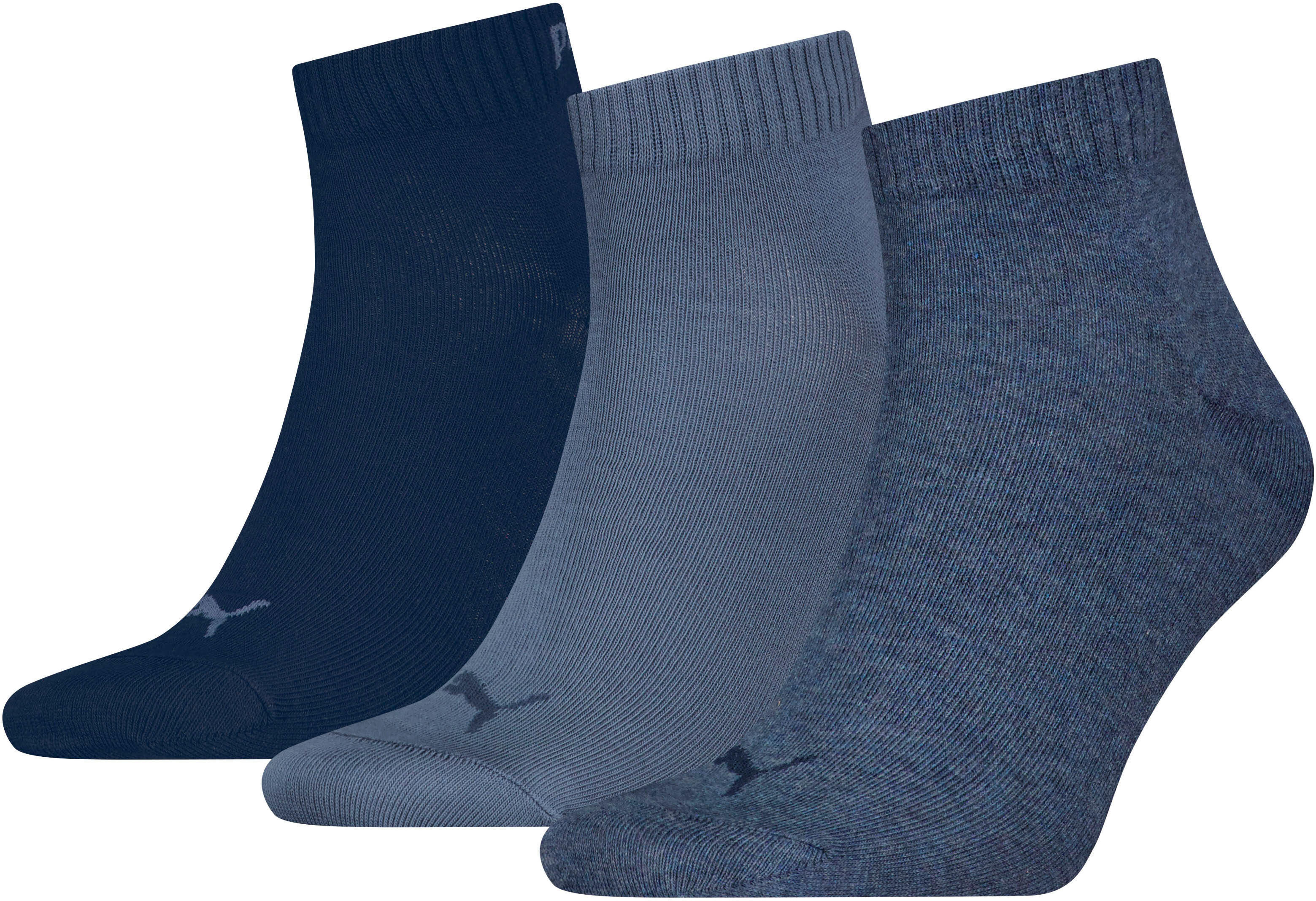 Kurzsocken PUMA "PUMA UNISEX QUARTER PLAIN 3P", Damen, Gr. 35-38, blau (denim blau), Baumwollmischung, elastisch, Socken Kurzsocken, Atmungsaktiv, Rippenbündchen, weiche Baumwollmischung