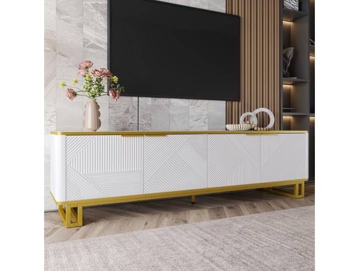 Meuble TV 4 Portes-Support TV Intégré-Texture Géométrique-Blanc Moderne-160x37.5x48cm-Rangement Salon Élégant Design