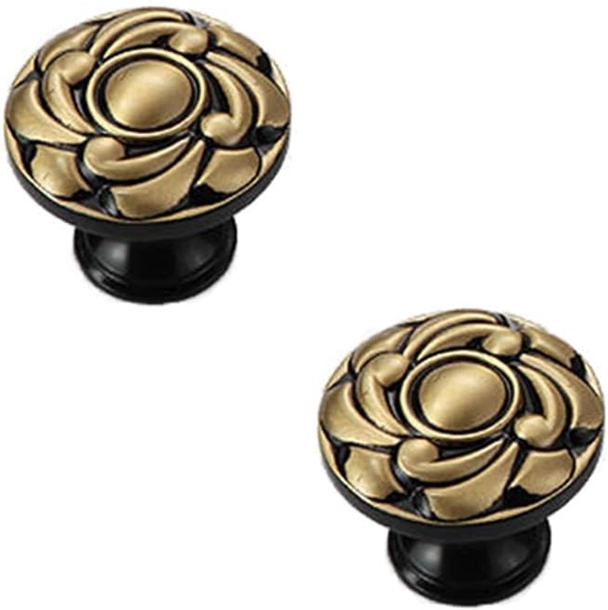 SnelShoppen Vintage Floral Brass Cabinet Knobs - Set van 2 Antieke Metalen Meubelknoppen, Zwart Goud, 34mm