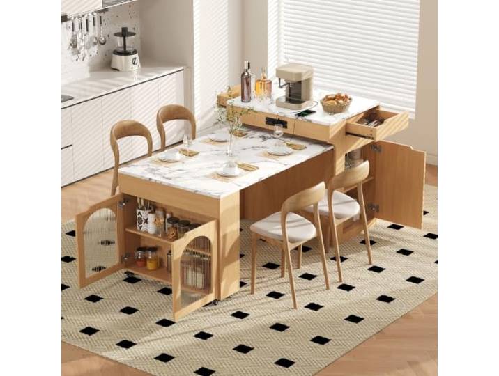 Crlnaup Kücheninsel mit Rollen, Ausziehbarer Esstisch mit Steckdosenleisten und Riffeglas, Anrichte mit Zwei Schubladen, dient als Kücheninsel, Sideboard oder Bartisch für Küche und Esszimmer (Natur)