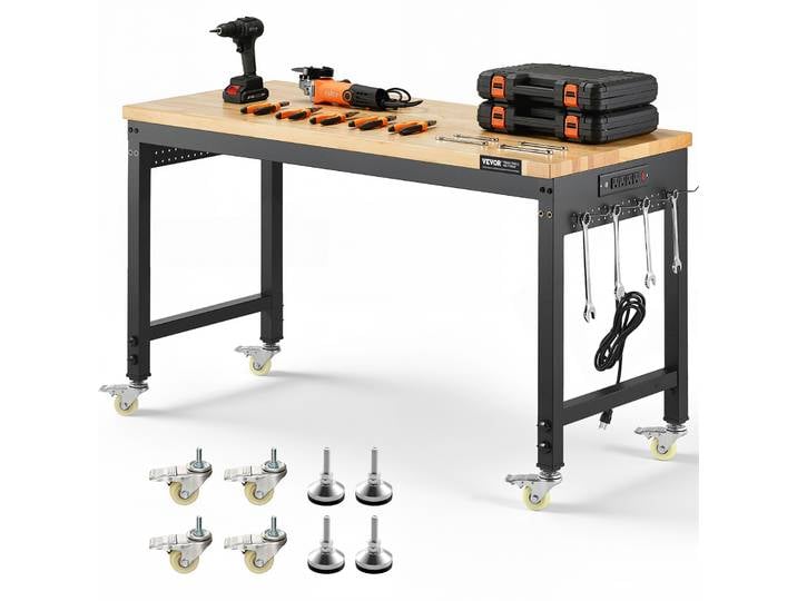 Vevor Etabli Atelier Garage 1220 Mm Table De Travail Sur Roulettes A Hauteur Reglable\, Capacite De Charge 907\,2 Kg Avec Prise De Courant\, Panneau Perfore\, Etabli Robuste En Chene Pour Bureau\, Maison