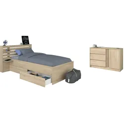 SCHLAFZIMMER-SET Eiche japanisch, Set 2-teilig mit Stauraumbett und Kommode