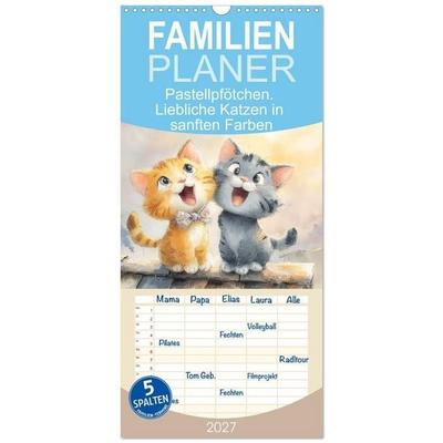 Familienplaner 2027 - Pastellpfötchen. Liebliche Katzen in sanften Farben mit 5 Spalten (Wandkalender, 21 x 45 cm) CALVENDO
