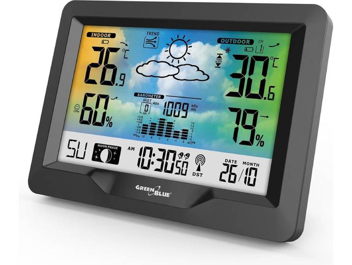 GreenBlue GB540 Weerstation kleurenscherm\, binnen- en buitentemperatuur DCF-systeem\, maanfasen\, barometer\, kalender
