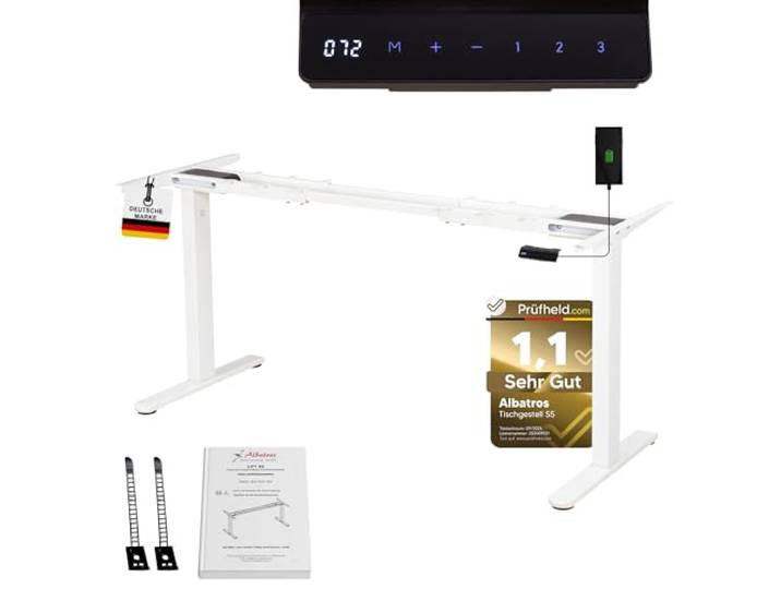 ALBATROS Schreibtisch-Gestell Lift S5W, Weiss, 2X Motoren, elektrisch höhenverstellbar mit Memory-Funktion, Kollisionsschutz und Soft-Start/Stop