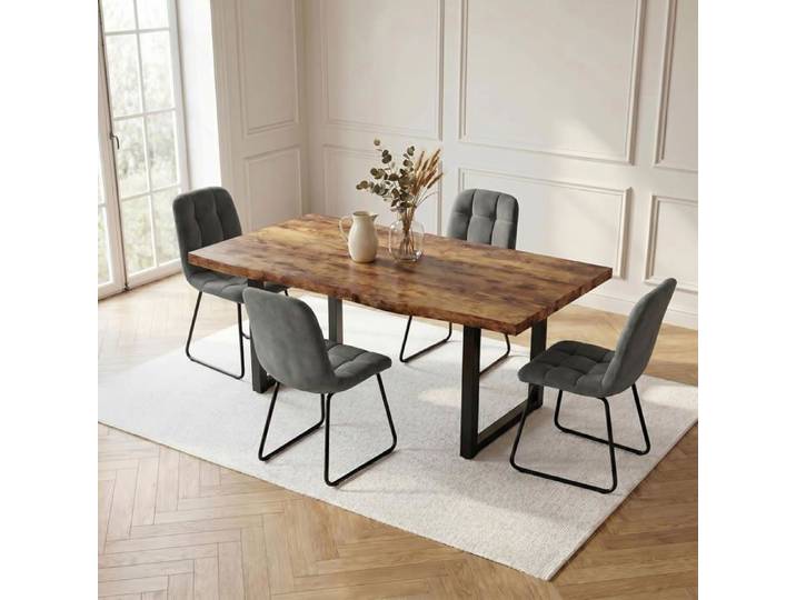 JIEXI Ensemble Table et 4 Chaises Bois Rustique et Tissu Velours Gris 145 x 80 x 76 cm