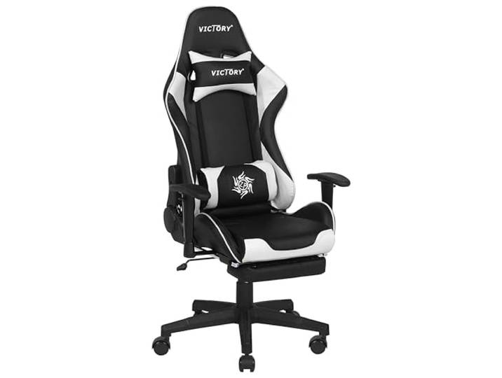 Moderner Gaming Drehstuhl mit Fußstützen Schwarz/Weiß Kunstleder Victory