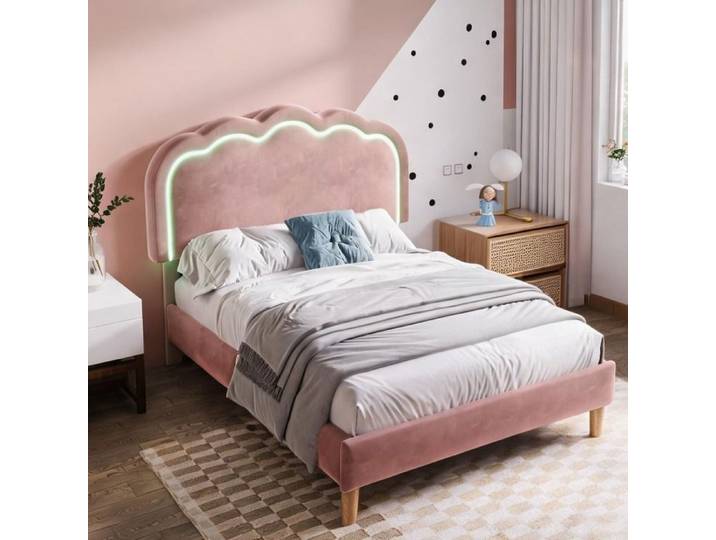 Lit simple 90x190 cm en velours rose avec LED et tête réglable ambiance chambre cosy