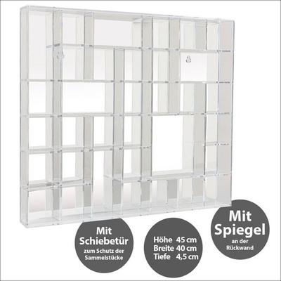 Hochwertiger Acryl-Setzkasten mit verspiegelter Rückwand und vorderer Tür zum aufschieben, kann komplett geöffnet werden. Idealer Staubschutz. Für