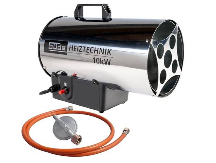 Güde Gasheizgebläse GGH 10 INOX (220-240 V, 10000 W Heizleistung, 500 m³/h Gebläseleistung, Piezozündung, Brenner und Gehäuse aus hochwertigem Edelstahl, 300mbar Druckminderer, 1,5 m Gasschlauch)