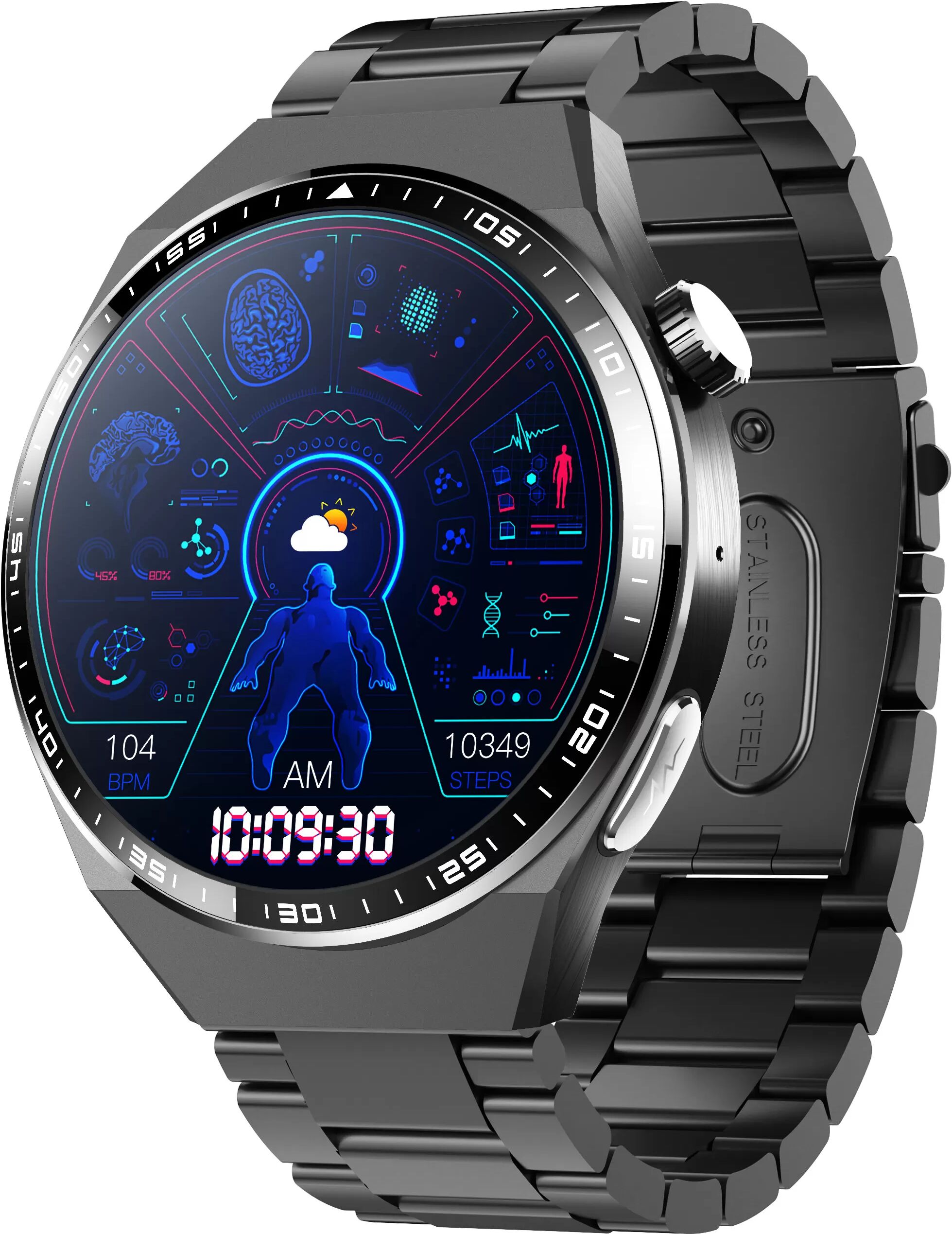 INF Smartwatch mit EKG, Körperzusammensetzungsanalyse, Blutzusammensetzungsanalyse (Harnsäure, Blutfette) Schwarzes Armband mit drei Perlen
