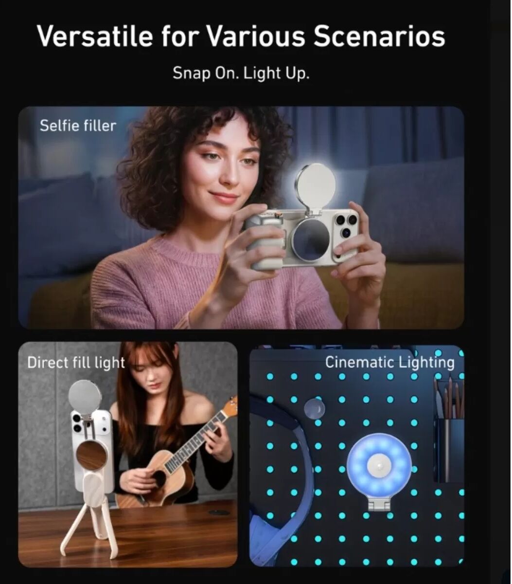 INF Mini magnetisches wiederaufladbares Telefon-Foto-Aufhelllicht – 3-Farbtemperatur, drehbarer Taschen-Selfiespiegel Silber