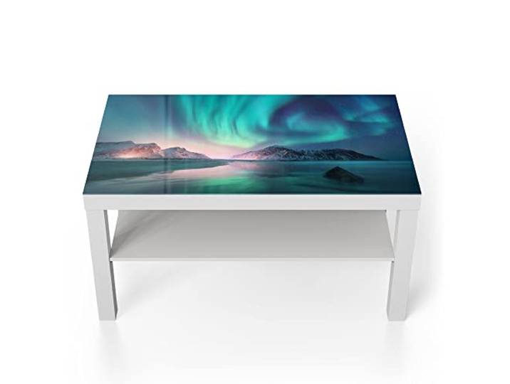 DEQORI Glastisch weiß groß 90x50 cm Motiv Das Nordlicht der Lofoten ausgefallener Beistelltisch aus Glas Hochglanz Couchtisch fürs Wohnzimmer moderner Couch Tisch mit Design