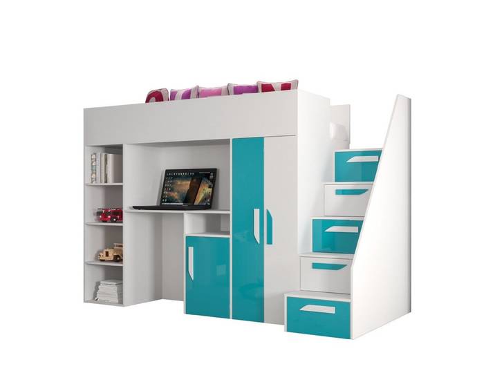 QMM TraumMöbel Hochbett PARIS 4 mit Schreibtisch Schrank Regal und Treppe Hochglanz (mit Treppe, Schrank, Schreibtisch & Regal)