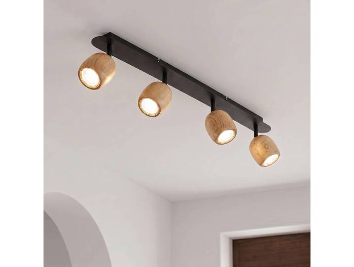 Lindby Deckenstrahler Sloane, 4-flg., Holz/schwarz, GU10 Sloane Lindby, dimmbar, Holz hell, für Wohn- / Esszimmer, Holz, Modern, Strahler