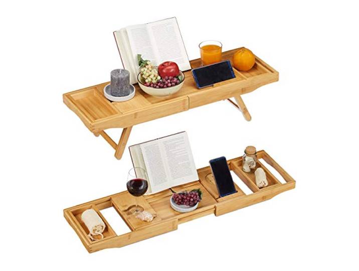 Relaxdays Bambus Badewannenablage & Tablett 2in1, Buchstütze, Natur
