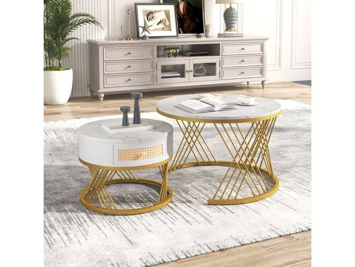 Table basse gigogne ronde effet marbre blanc lot de 2 tables avec tiroir
