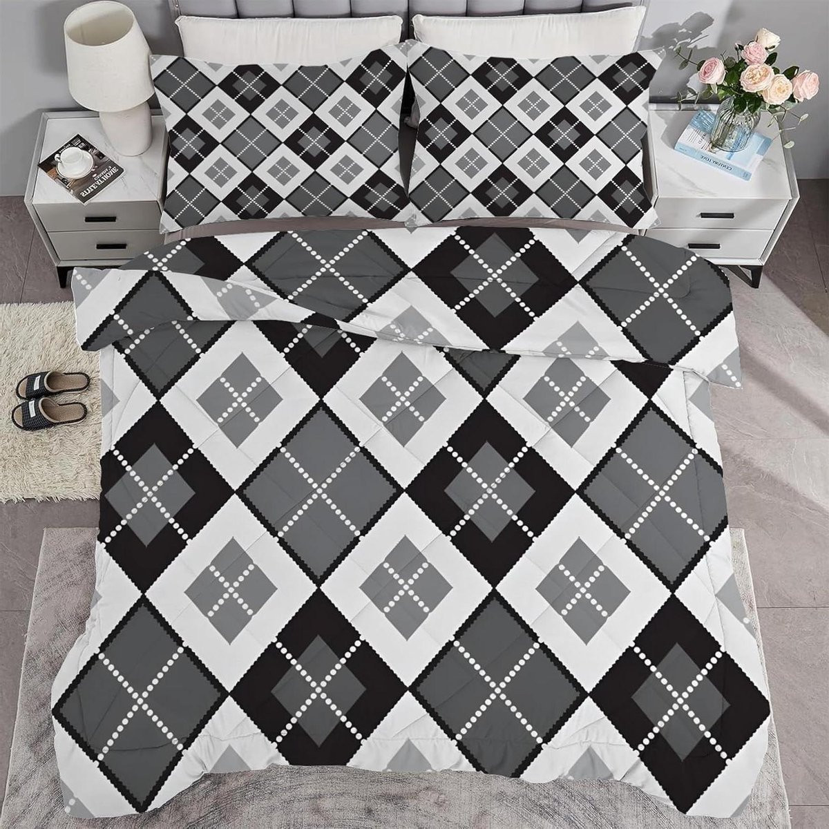 Omkeerbare dekbedset met ruitvorm en donsalternatief van microfibre, 200 x 200 cm