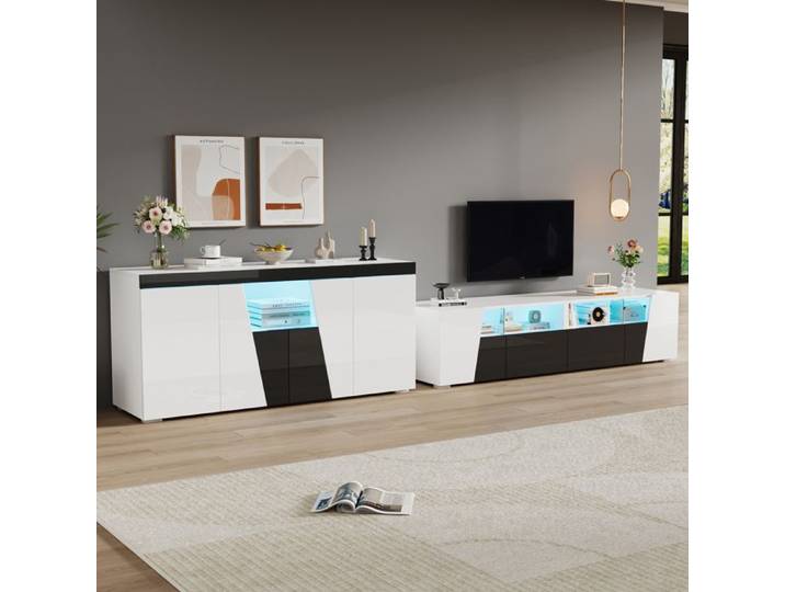 Meuble TV laqué noir/blanc 180×38 5×45 cm lowboard avec éclairage LED MEUBLE A CASIER