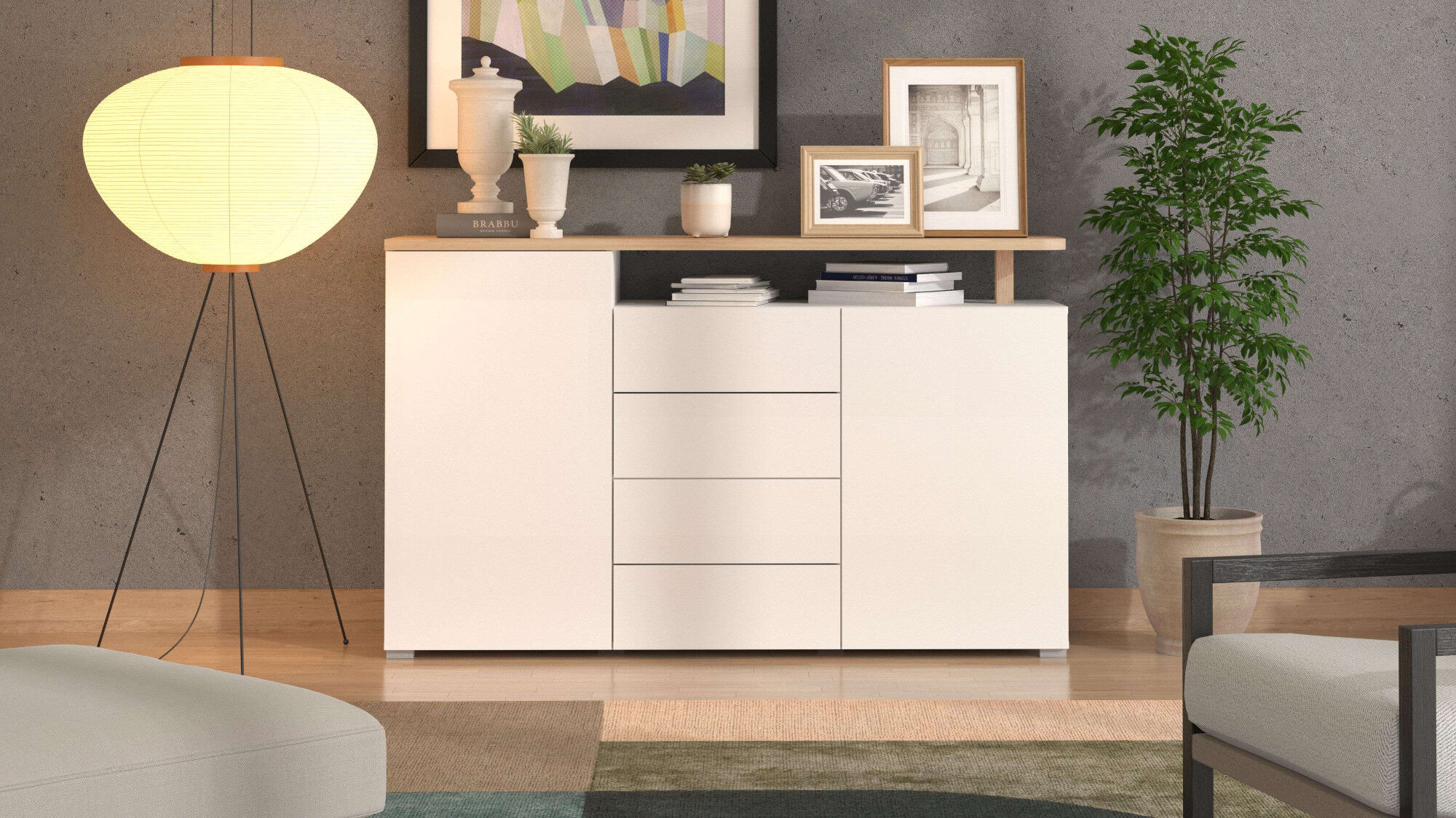 Sideboard HOME AFFAIRE "Aterno Kommode, Anrichte", weiss (weiß, natur), B:154cm H:94cm T:40cm, Sideboards, Sideboard, Breite 154 cm, mit Push-to-Open Funktion weiß, natur B/H/T: 154cm x 94cm x 40cm, 4 Stk., 2 Stk.