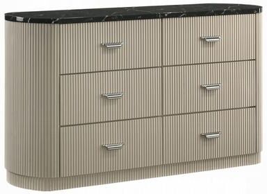 Benjara Trex Dresser, 63 Inch, 6 Reeded Drawers with Black Faux Marble Top, Beige
