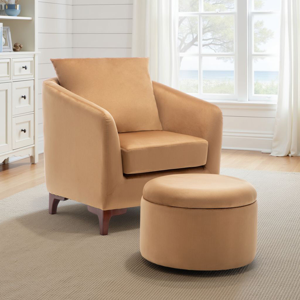 ClassicLiving Upholstered Barrel Chair With Footstool Yellow Velvet 81cm H X 76cm W X 75cm D