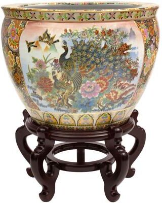 "Red Lantern 14"" Satsuma Garden & Peacock Porcelain Fishbowl Planter"