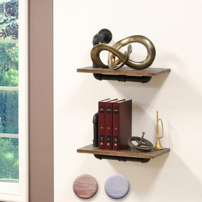 Paired Black Metal Pipe with Weathered Brown Stained Wood Wall Shelves