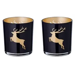 EDZARD 2er-Set Teelichtglas Elsa (Höhe 8 cm), schwarz, Hirsch-Motiv